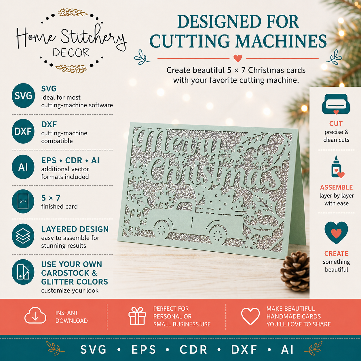 Christmas Truck Card SVG | Merry Christmas Vintage Truck Digital Card Design | Cricut, Silhouette, EPS, CDR, DXF & AI