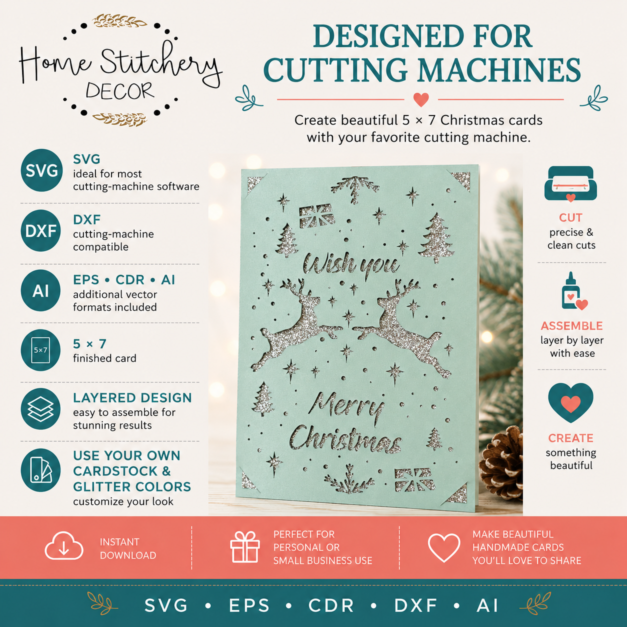 Reindeer Merry Christmas Card SVG | Wish You a Merry Christmas Digital Card Design | Cricut, Silhouette, EPS, CDR, DXF & AI