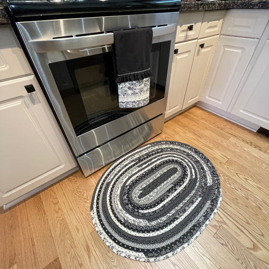 Black and Cream Jellyroll Rug for Kitchen