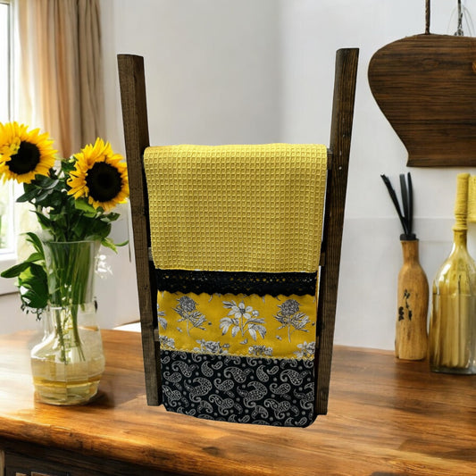 Handcrafted Yellow and Black Farmhouse Dish Towel with Quilt Cotton and Lace Trim - Crafted in Canada