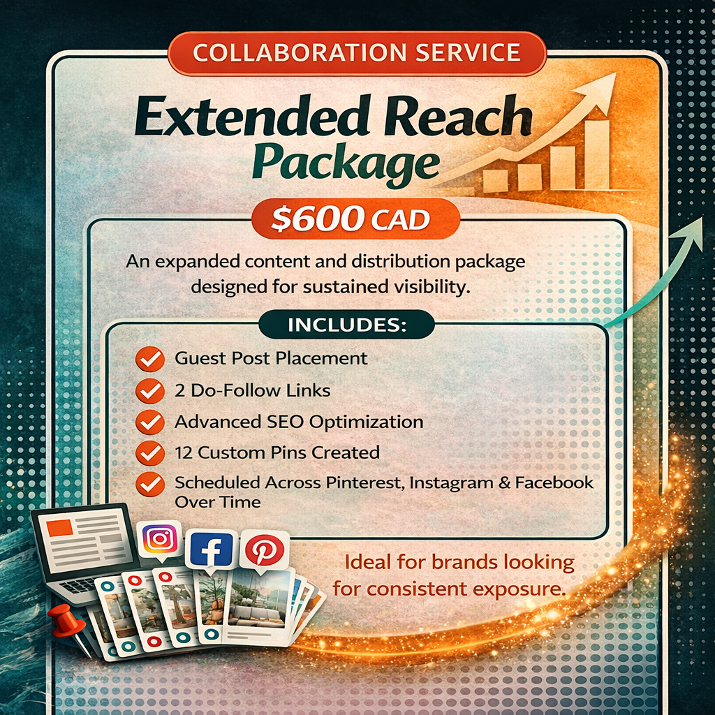 Extended Reach Package graphic showing collaboration service priced at $600 CAD. Includes guest post placement, two do-follow links, advanced SEO optimization, twelve custom pins, and scheduled distribution across Pinterest, Instagram, and Facebook over time. Designed to provide consistent visibility and long-term exposure.