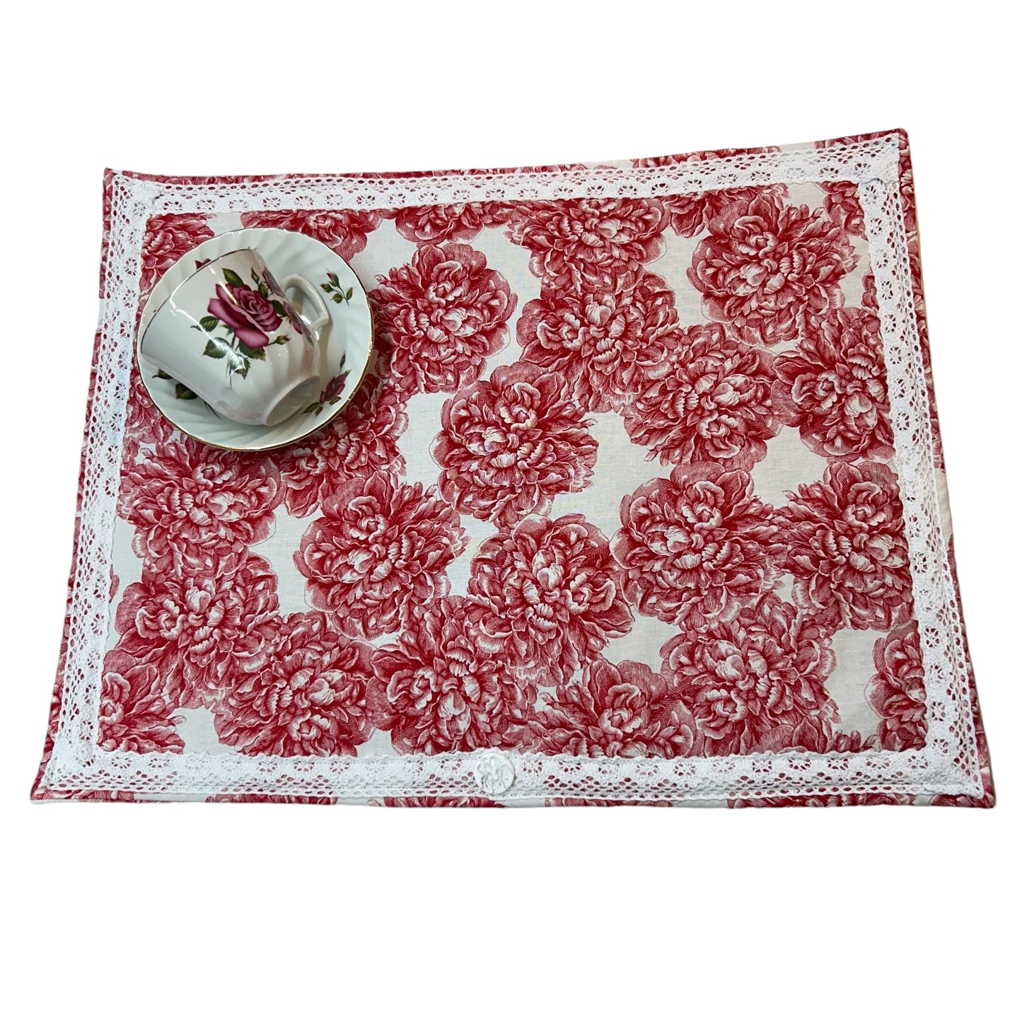 Handcrafted Red Floral Kitchen Dish Drying Mat with Acrylic Button Detail - Made in Canada