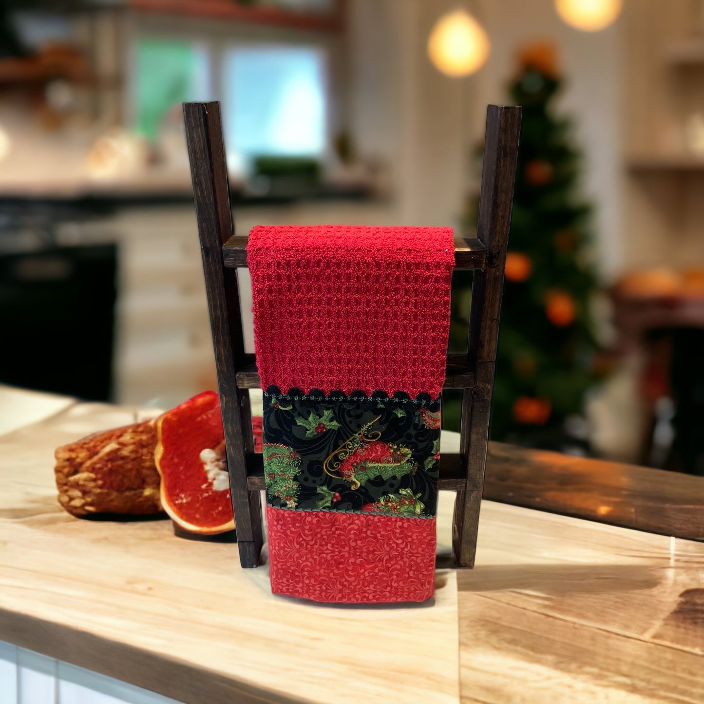 Red Christmas Dish Towel With Christmas Stockings