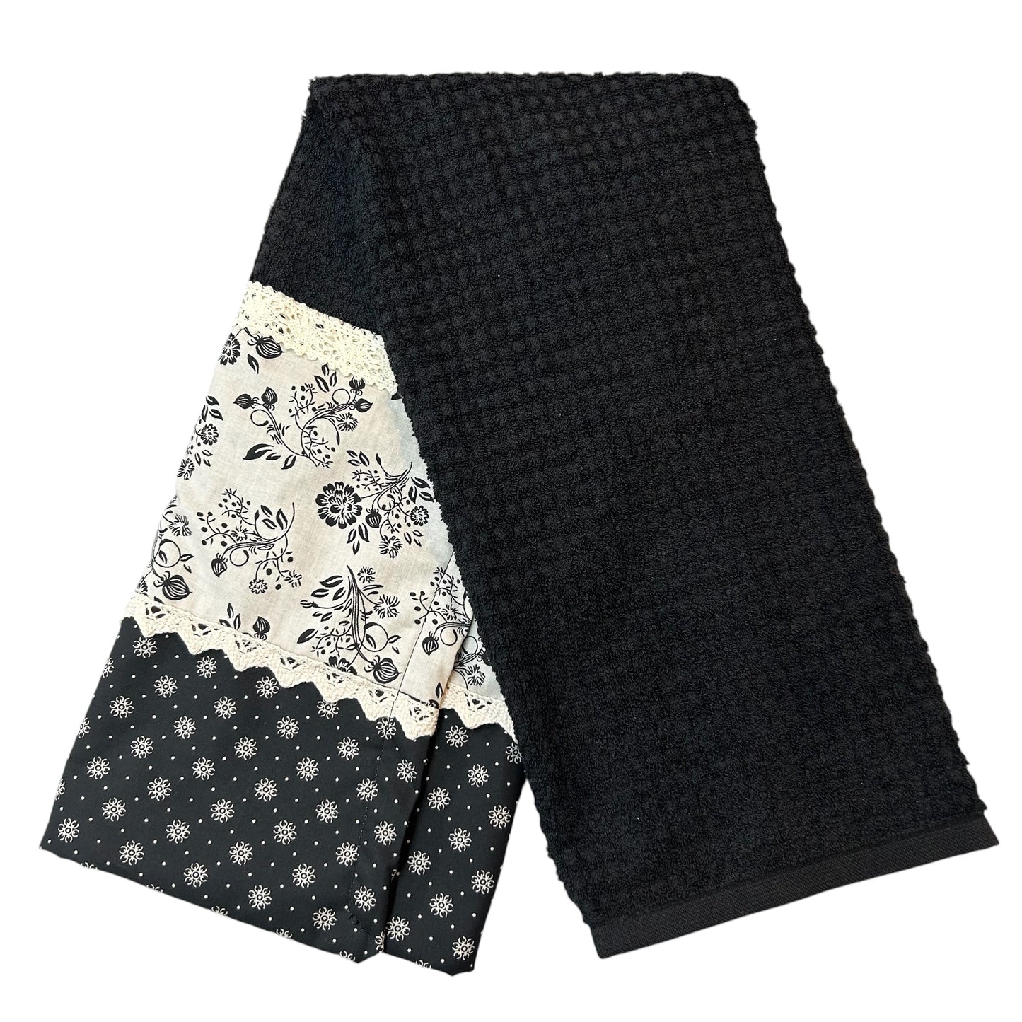 Black Floral Farmhouse Cotton Tea Towel with Quilt Cotton Accents and Lace Trim
