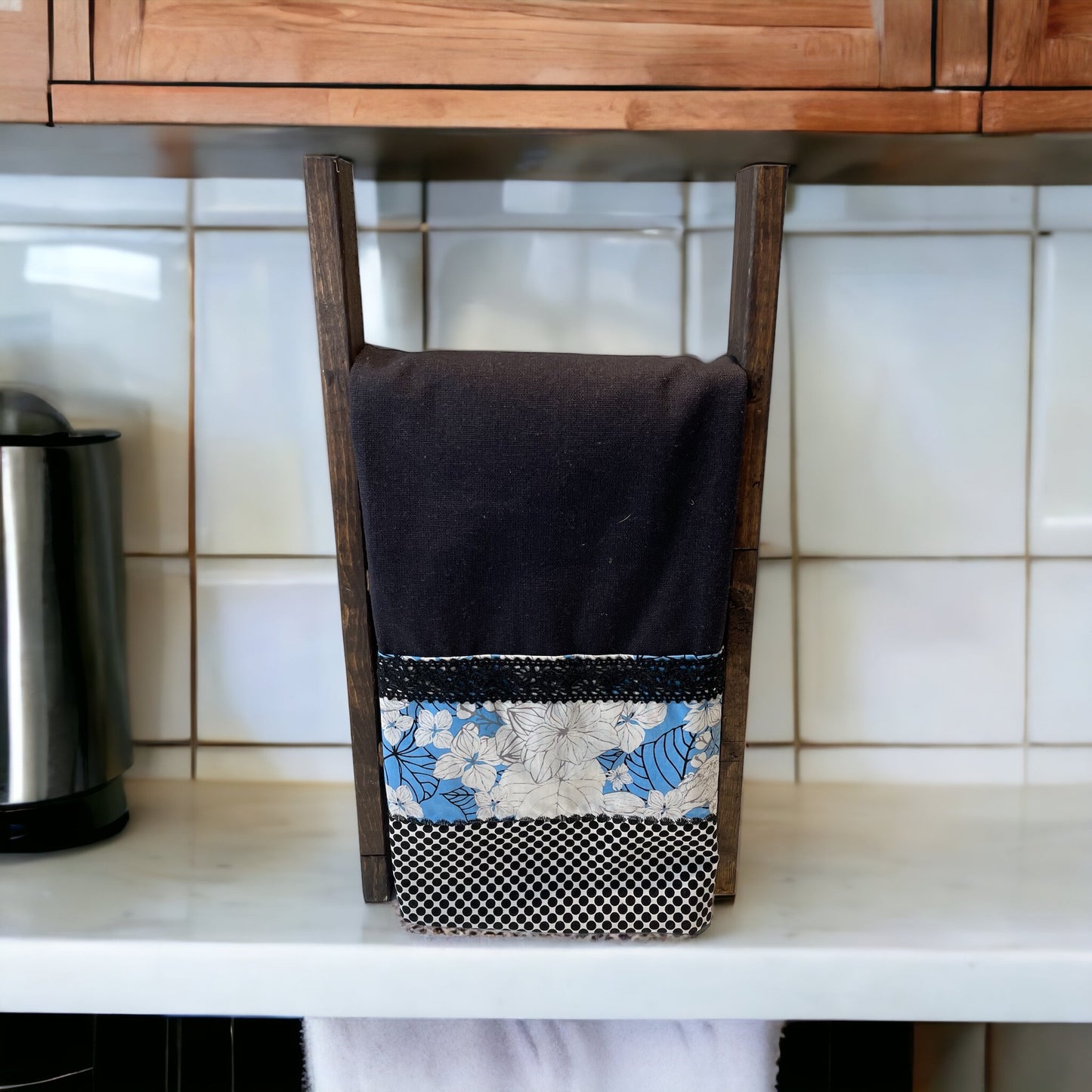Black And Blue Floral Kitchen Dish Towel with Handmade Accents