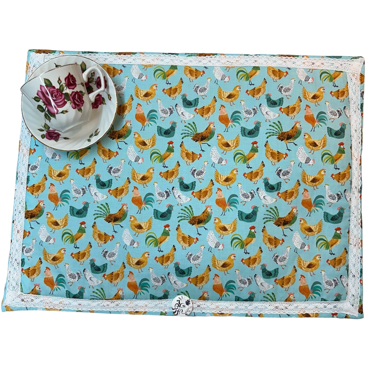 Handmade Dish Drying Mat With Farmhouse Chicken Print Made in Canada