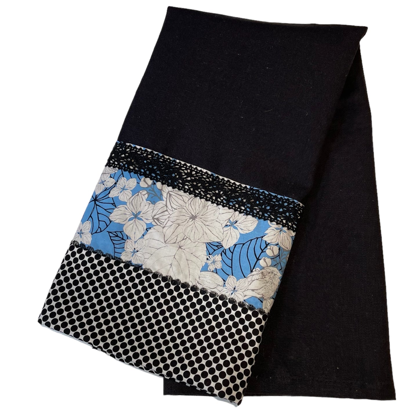 Black And Blue Floral Kitchen Dish Towel with Handmade Accents