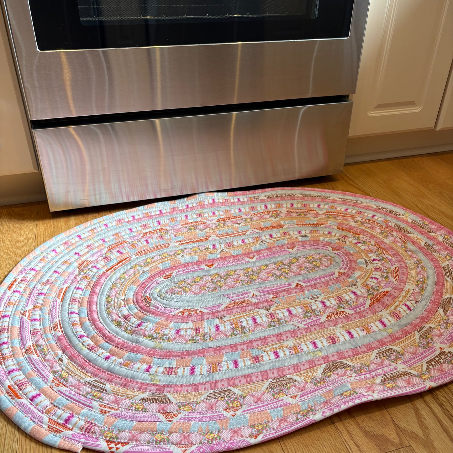 Pink Floral Jelly Roll Rug – 38 x 27 Inch Oval Handmade Cotton Farmhouse Kitchen Rug | Washable Accent Rug