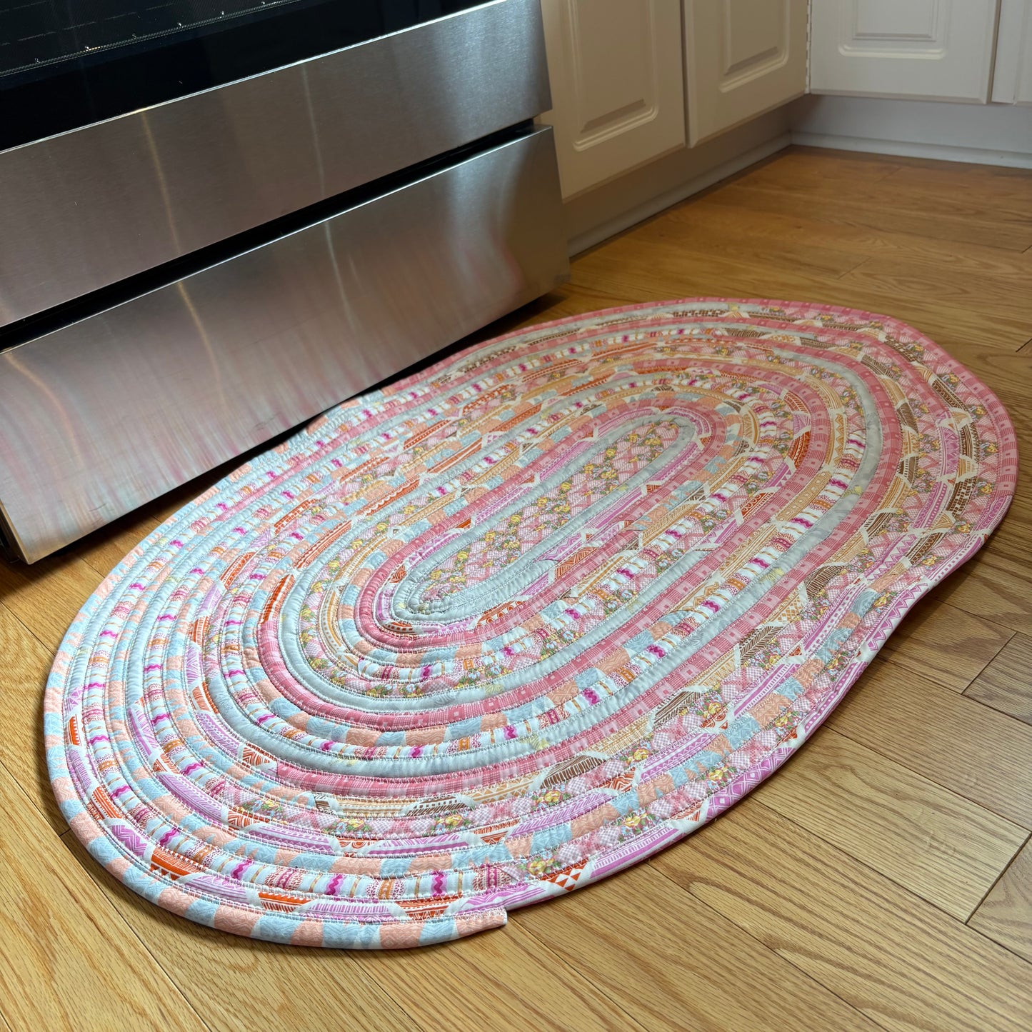Pink Floral Jelly Roll Rug – 38 x 27 Inch Oval Handmade Cotton Farmhouse Kitchen Rug | Washable Accent Rug