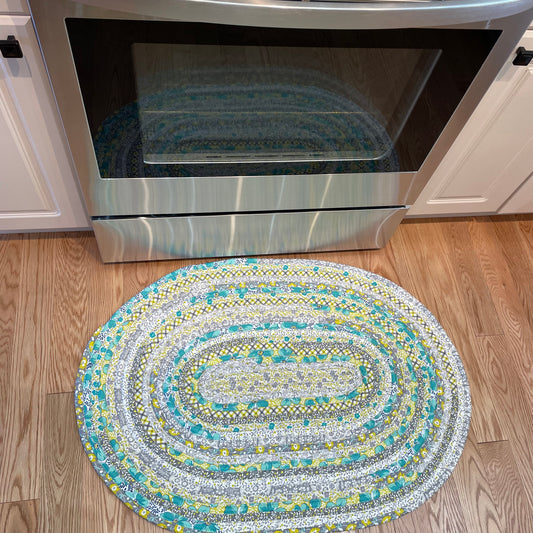 Handmade Modern Farmhouse Kitchen Rug - Grey, Yellow, and Teal, Washable in Premium Quilting Cotton