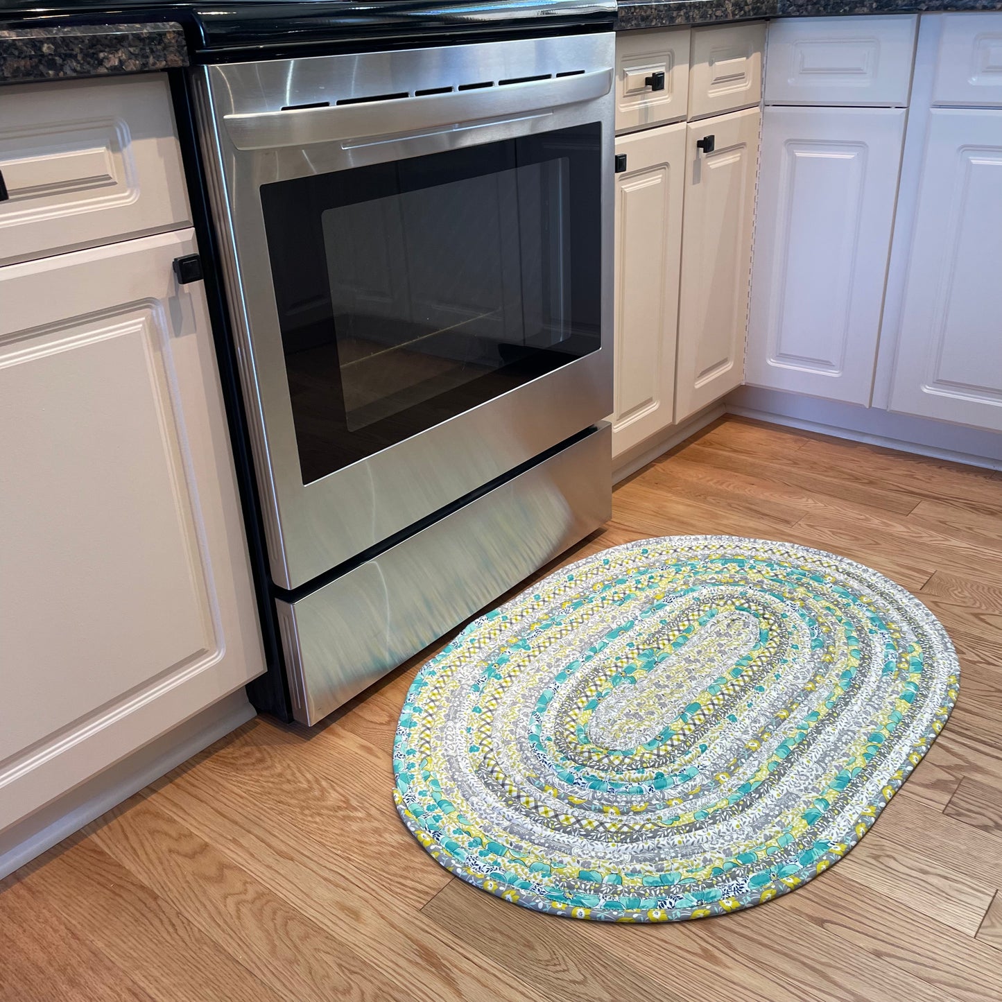 Handmade Modern Farmhouse Kitchen Rug - Grey, Yellow, and Teal, Washable in Premium Quilting Cotton