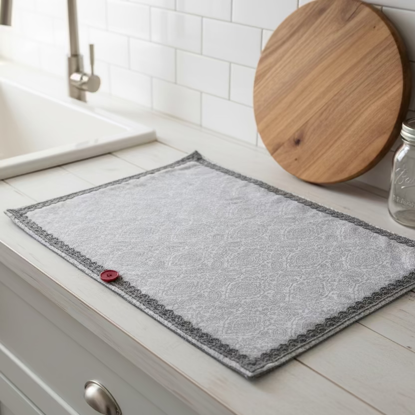 Handmade Grey Dish Drying Mat with grey cotton lace trim and a red button. Home Stitchery Decor