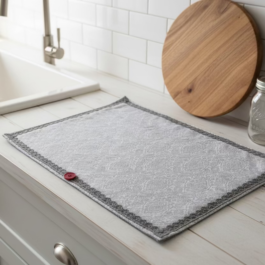 Handmade Grey Dish Drying Mat with grey cotton lace trim and a red button. Home Stitchery Decor