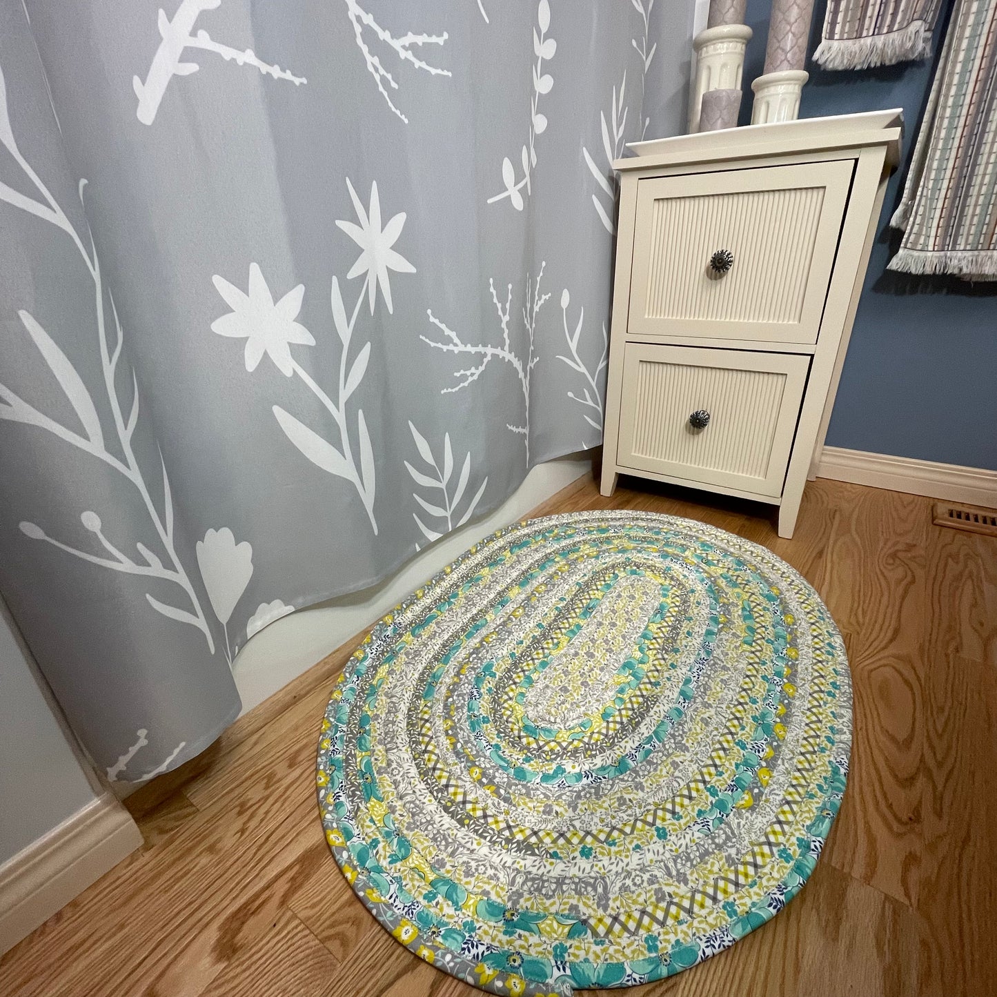 Handmade Modern Farmhouse Kitchen Rug - Grey, Yellow, and Teal, Washable in Premium Quilting Cotton