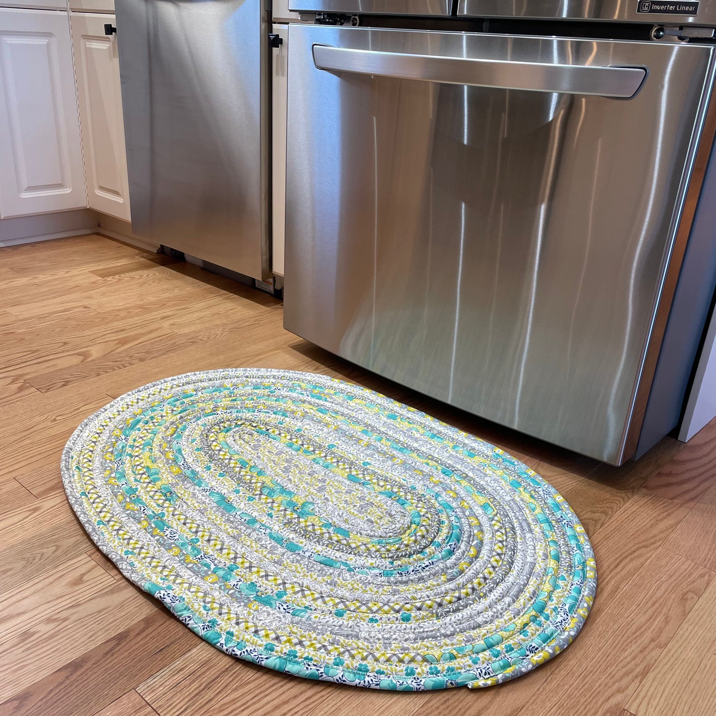 Handmade Modern Farmhouse Kitchen Rug - Grey, Yellow, and Teal, Washable in Premium Quilting Cotton