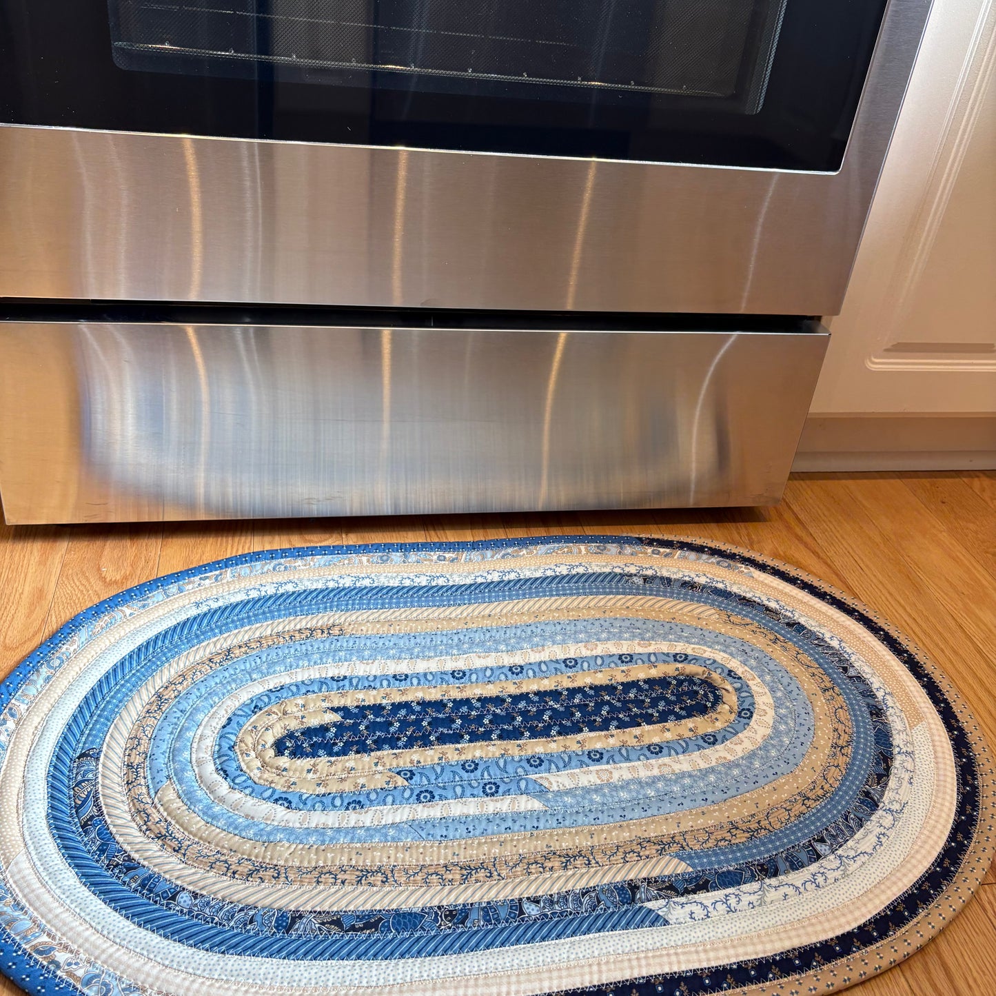 Blue & Cream Jelly Roll Rug – 31 x 19.5 Inch Oval Handmade Cotton Kitchen Rug | Washable Farmhouse Accent Rug