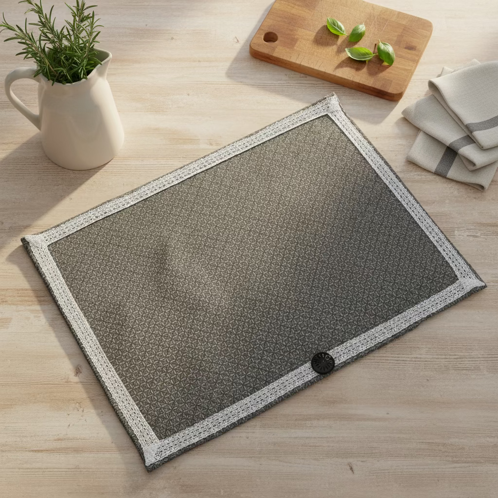 handmade charcoal grey dish drying mat with white cotton lace trim and a wooden button. Crafted by Home Stitchery Decor