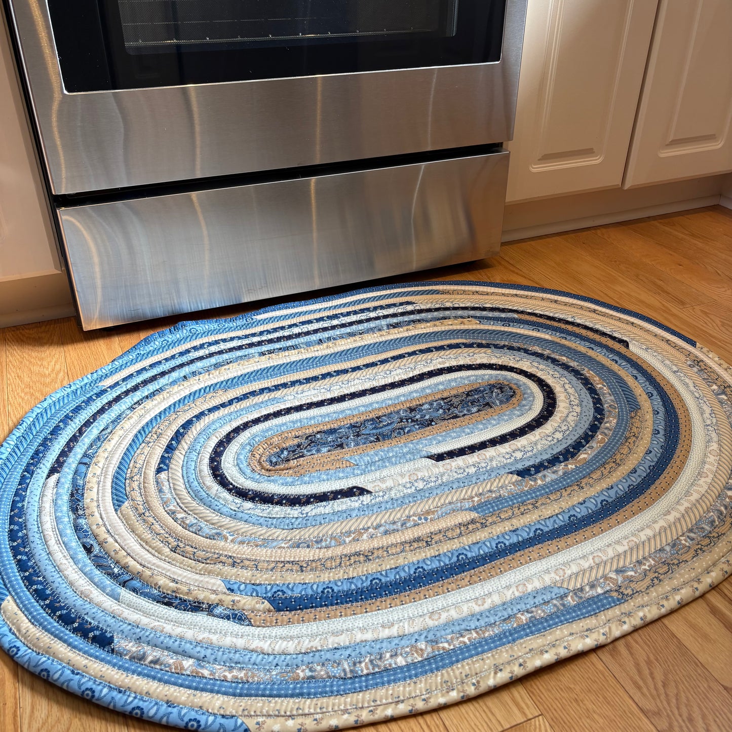 Blue & Cream Jelly Roll Rug – 41 x 31 Inch Oval Handmade Cotton Farmhouse Kitchen Rug | Washable Accent Rug