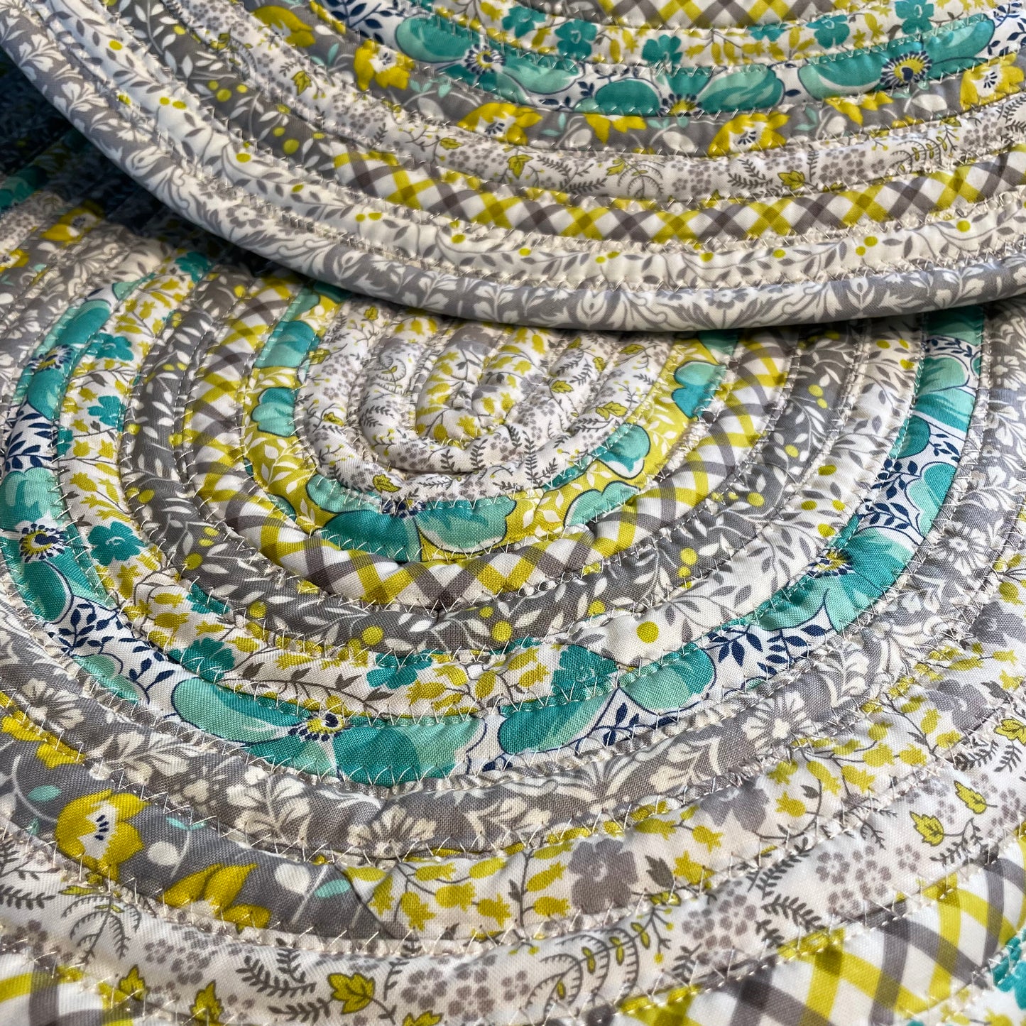 Handmade Modern Farmhouse Kitchen Rug - Grey, Yellow, and Teal, Washable in Premium Quilting Cotton