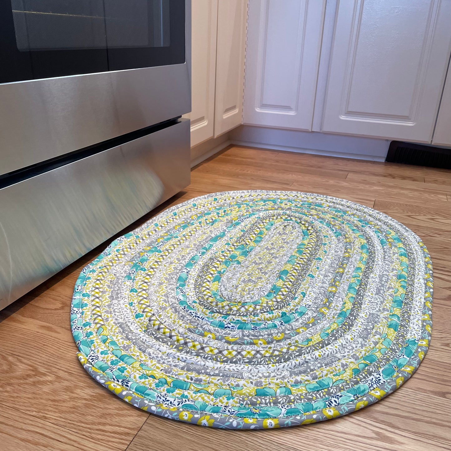Handmade Modern Farmhouse Kitchen Rug - Grey, Yellow, and Teal, Washable in Premium Quilting Cotton