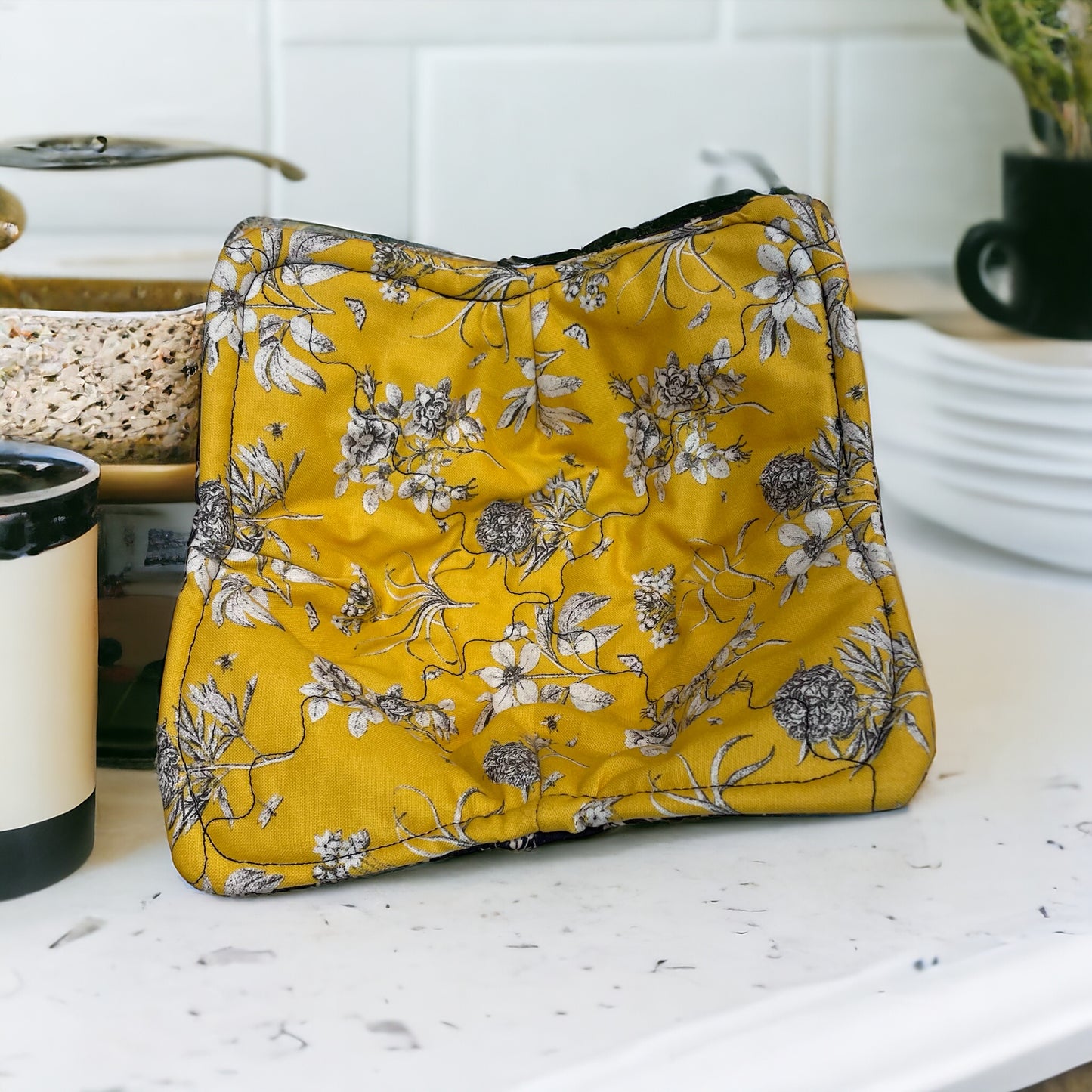 Soup Bowl Cozy Washable and Reversible Microwave Soup Bowl Hug Yellow and Black Floral Soup Cozy