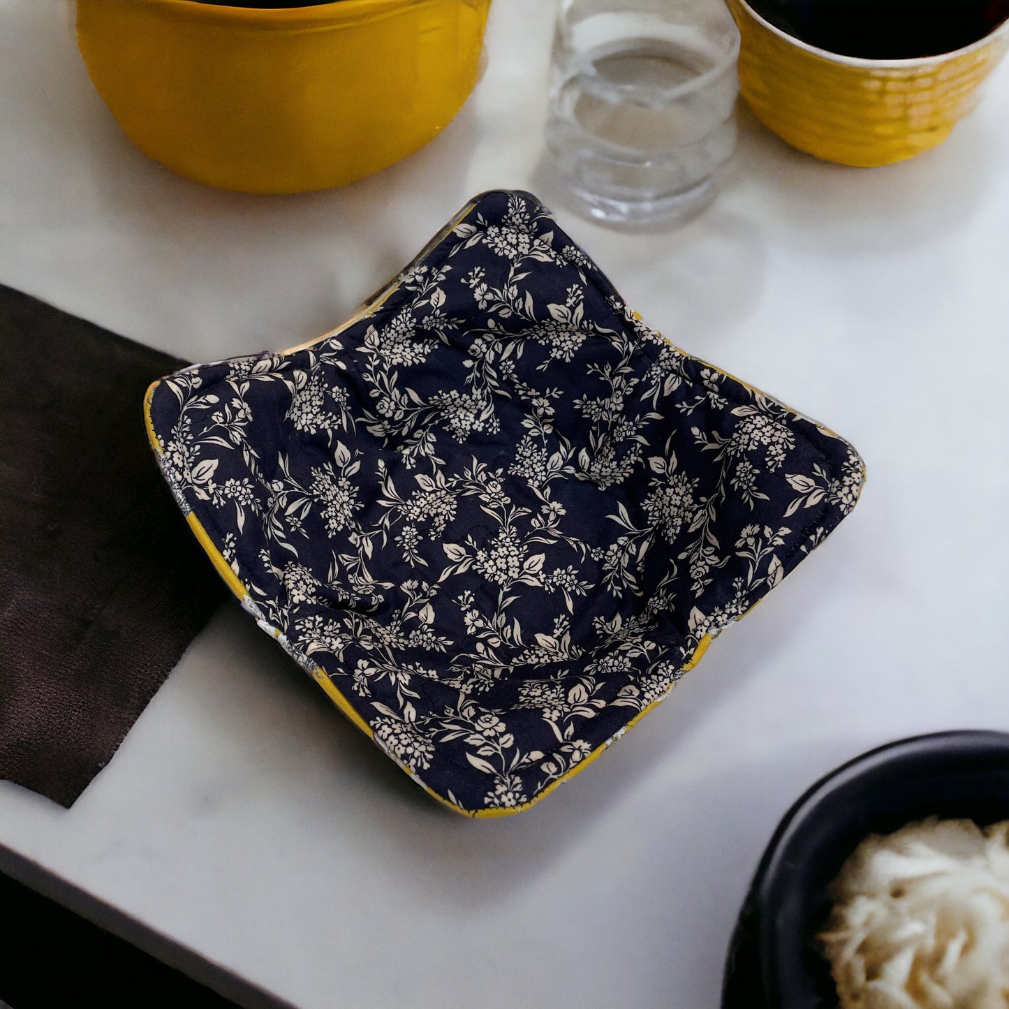 Soup Bowl Cozy Washable and Reversible Microwave Soup Bowl Hug Yellow and Black Floral Soup Cozy