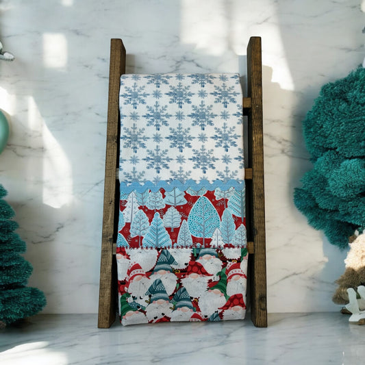 Handcrafted Christmas Gnome Cotton Dish Towel with RicRac Trim and Embroidery Stitching