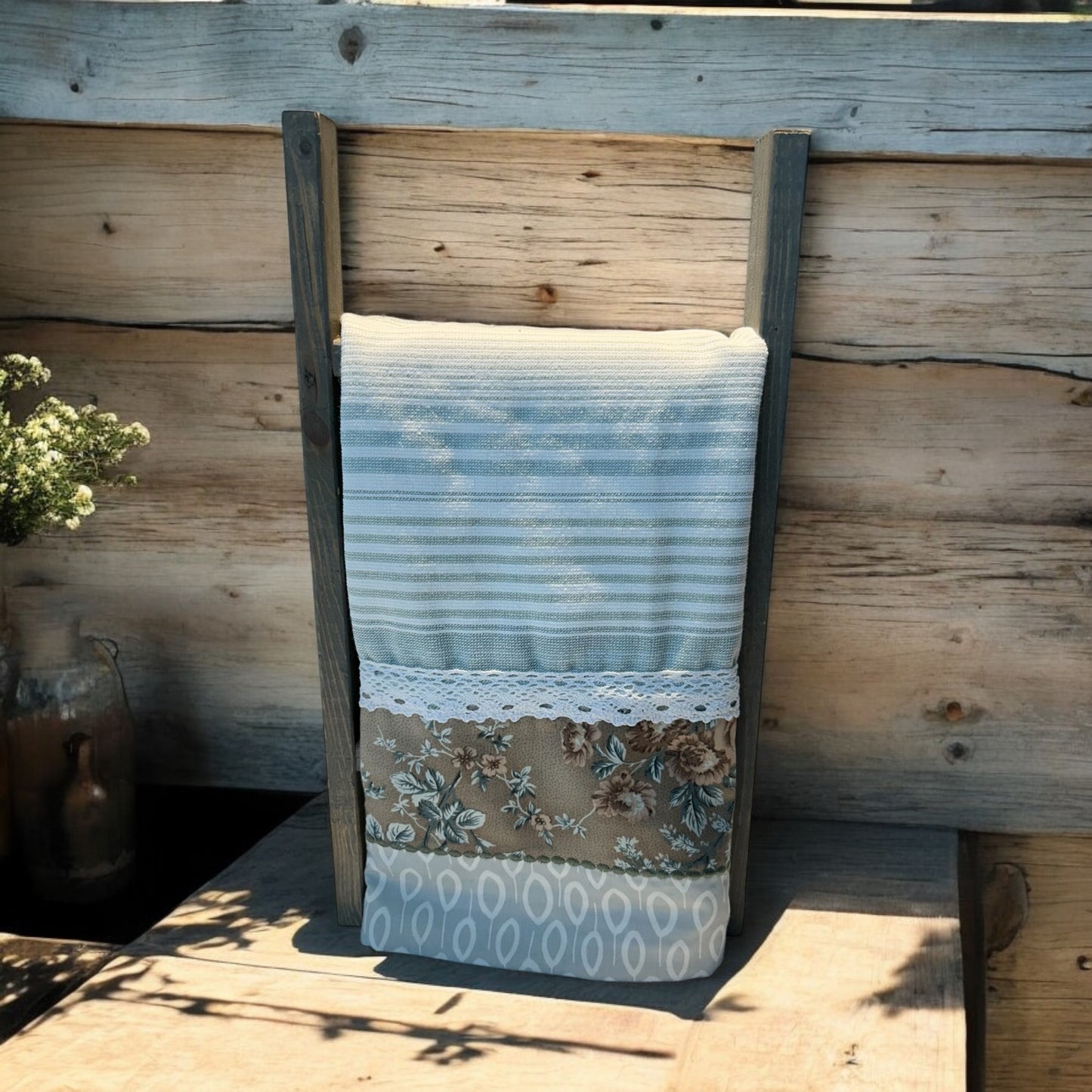 Handcrafted Green & White Floral Farmhouse Style Dish Towel with Cotton Lace Trim