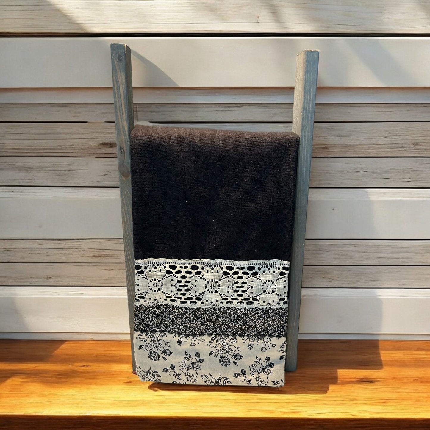 Black Cotton Floral Modern Farmhouse Tea Towel. Decorative Black Dish Towel.
