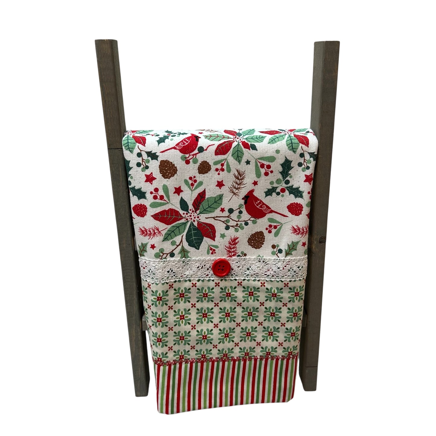 Cardinal Christmas Dish Towel With White Cotton Lace Trim