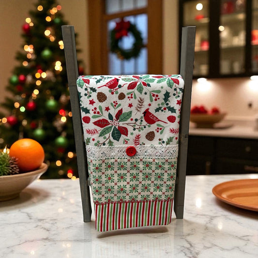 Cardinal Christmas Dish Towel With White Cotton Lace Trim
