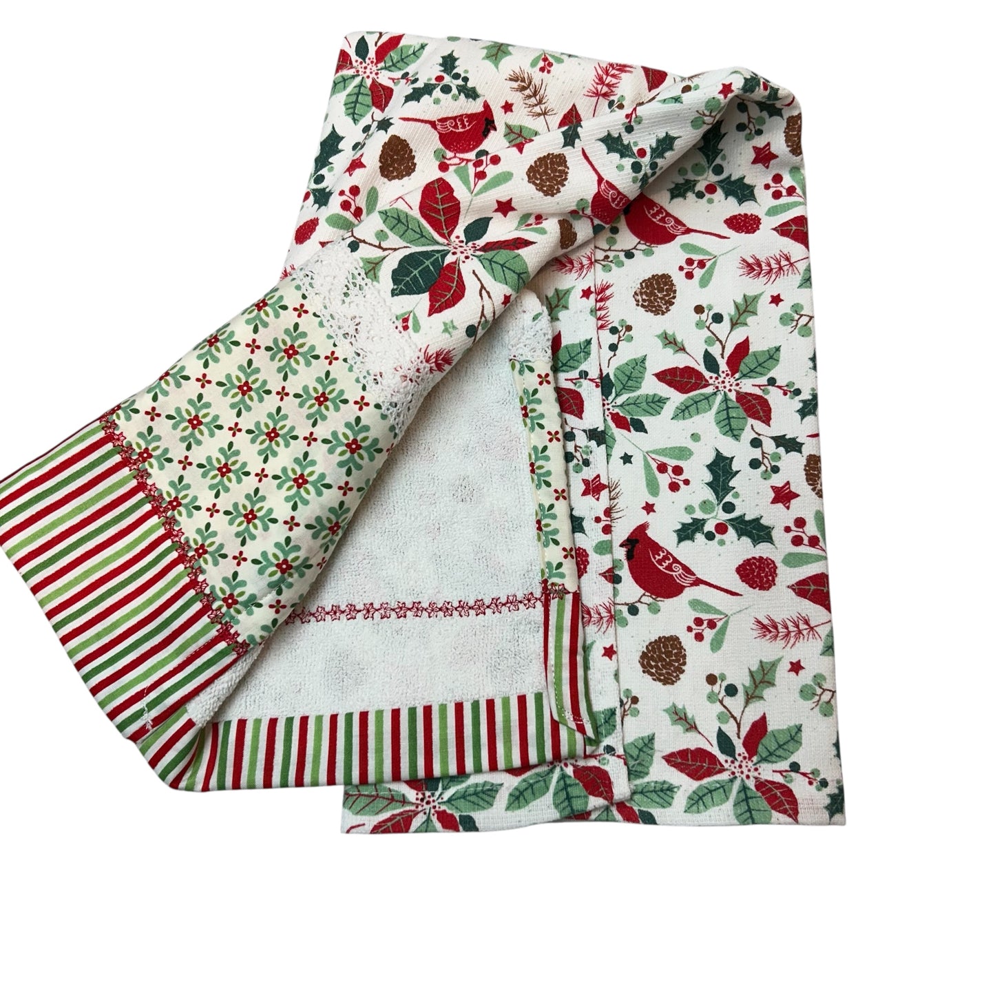 Cardinal Christmas Dish Towel With White Cotton Lace Trim