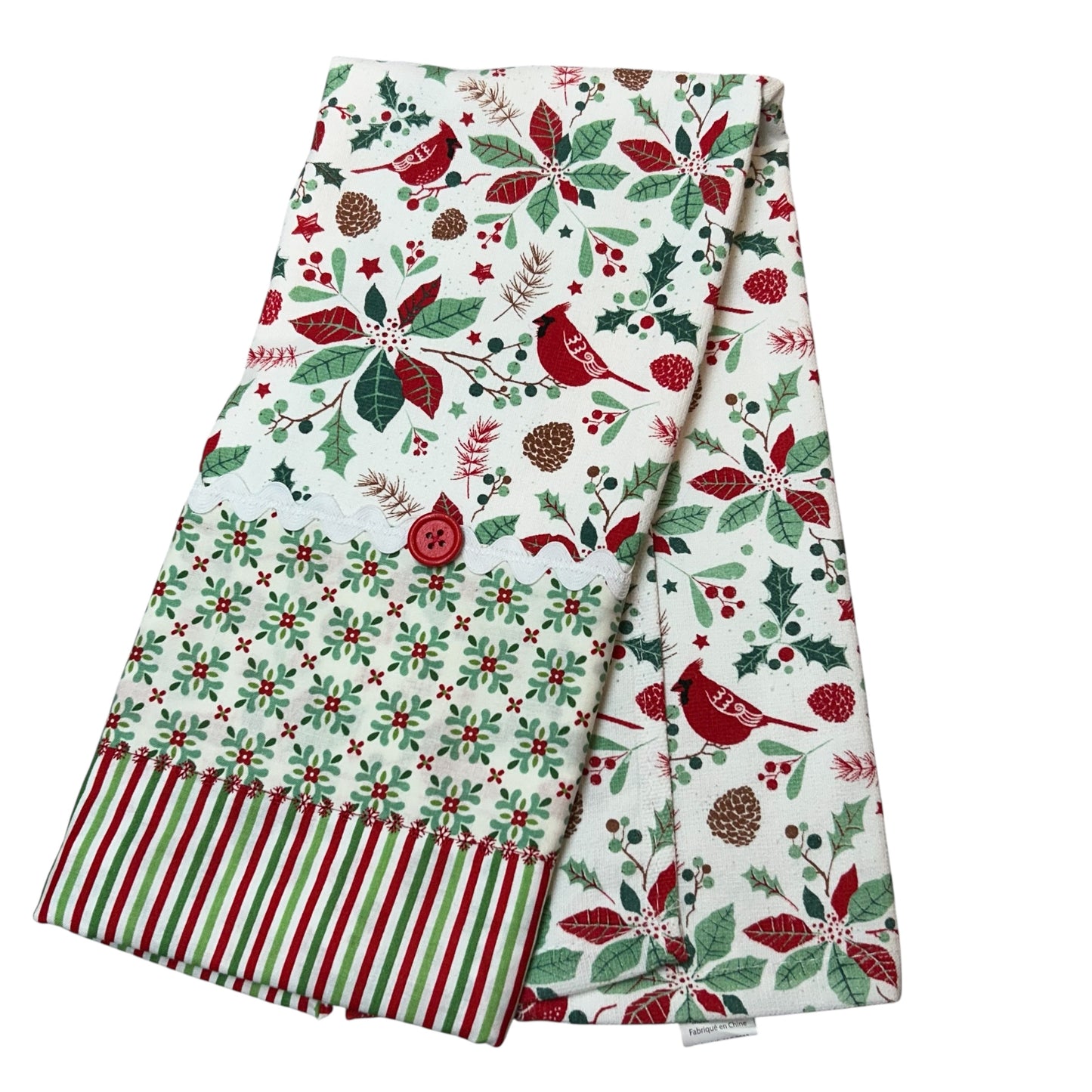 Christmas Cardinal Dish Towel With Ric Rac Trim