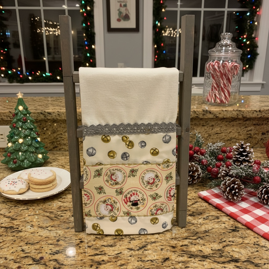 Charming Retro Santa Cream Cotton Dish Towel with Handcrafted Accents