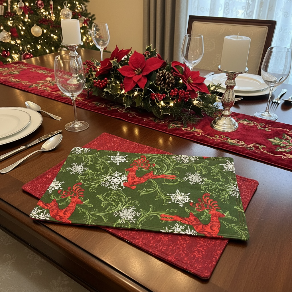 Two Christmas Reindeer Placemats, Christmas Kitchen Table Placemats, Christmas Dinner Table Decor