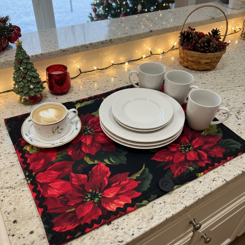 Christmas Kitchen Dish Drying Mat, Red Poinsettia Kitchen Counter Dish Mat