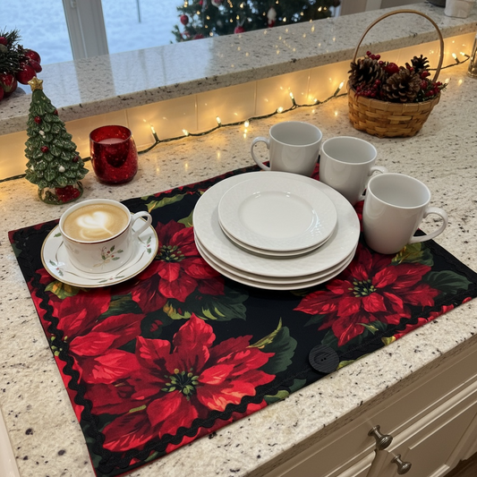 Christmas Kitchen Dish Drying Mat, Red Poinsettia Kitchen Counter Dish Mat