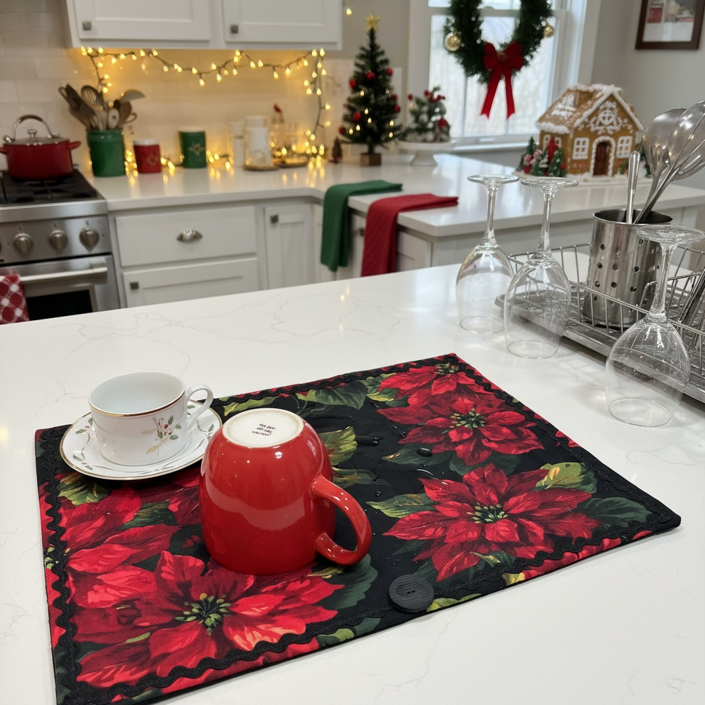 Christmas Kitchen Dish Drying Mat, Red Poinsettia Kitchen Counter Dish Mat