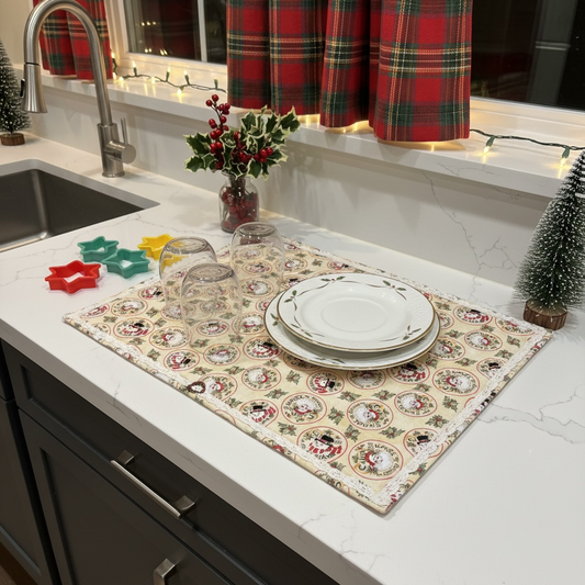 Christmas Kitchen Dish Drying Mat, Handmade Vintage Christmas Kitchen Dish Mat