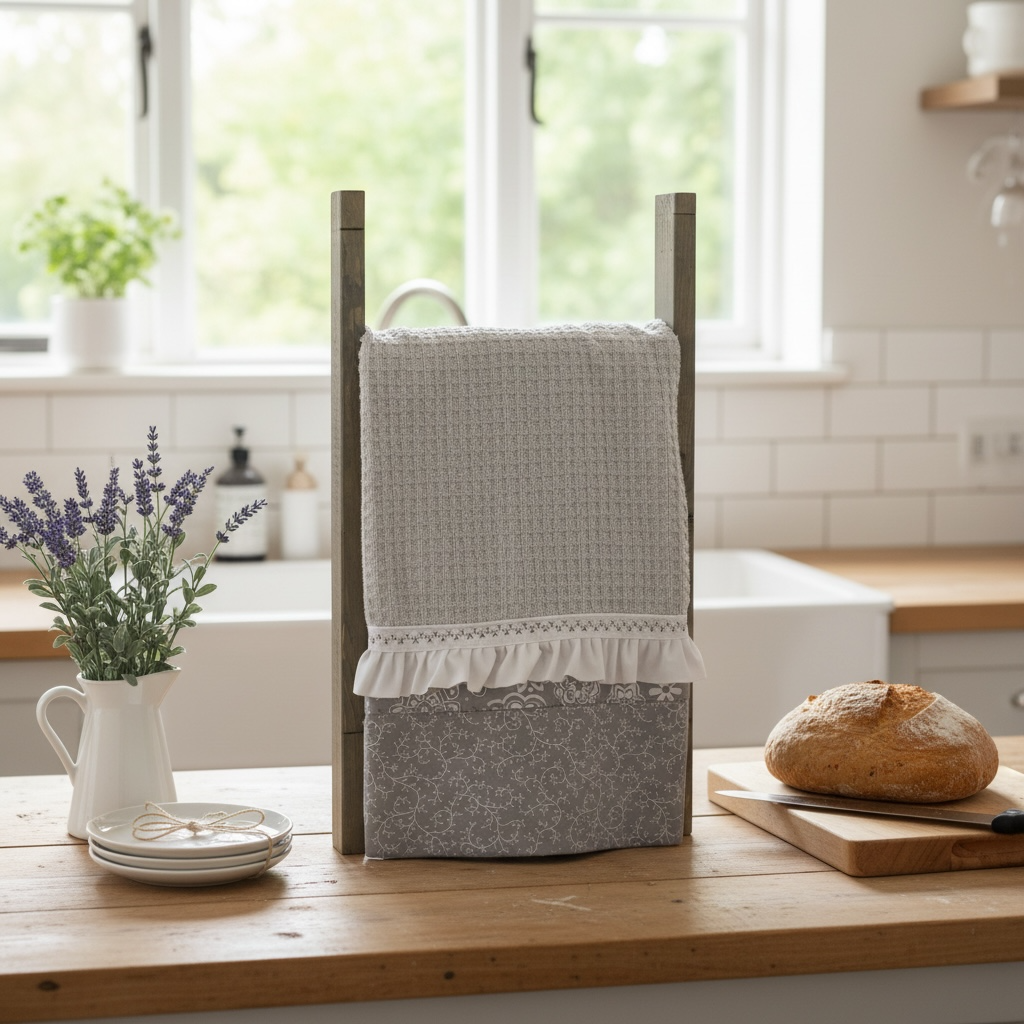 Grey and White Modern Farmhouse Floral Tea Towel. Decorative Dish Towel With Handcrafted Accents