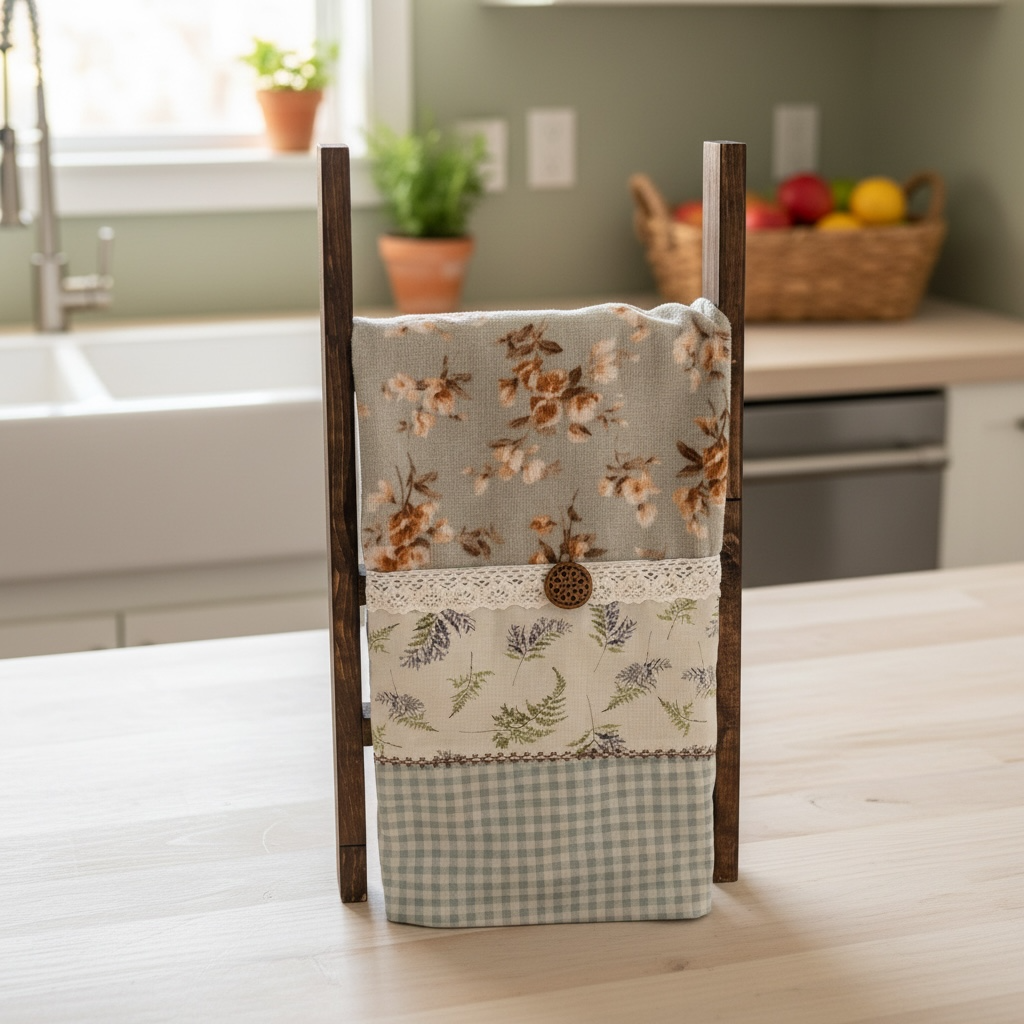 Sage Green Floral Farmhouse Dish Towel with Lace Trim