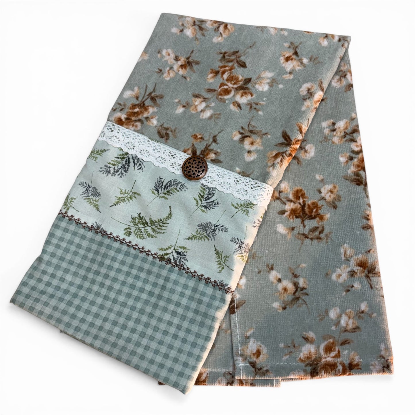 Sage Green Floral Farmhouse Dish Towel with Lace Trim