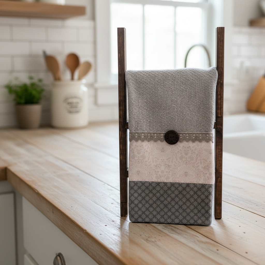 Grey Farmhouse Dish Towel with Cotton Trim and Wood Button