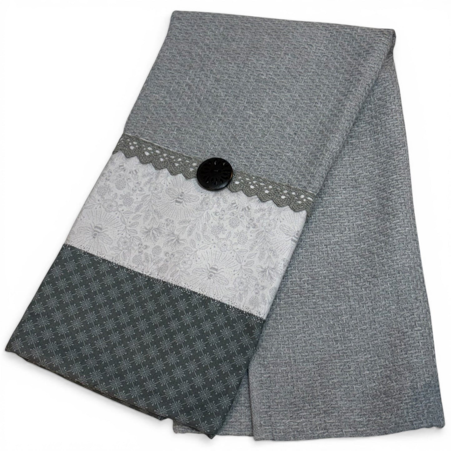 Grey Farmhouse Dish Towel with Cotton Trim and Wood Button