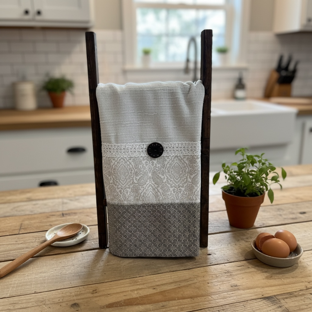 Light Grey Farmhouse Dish Towel with Cotton Trim and Wood Button