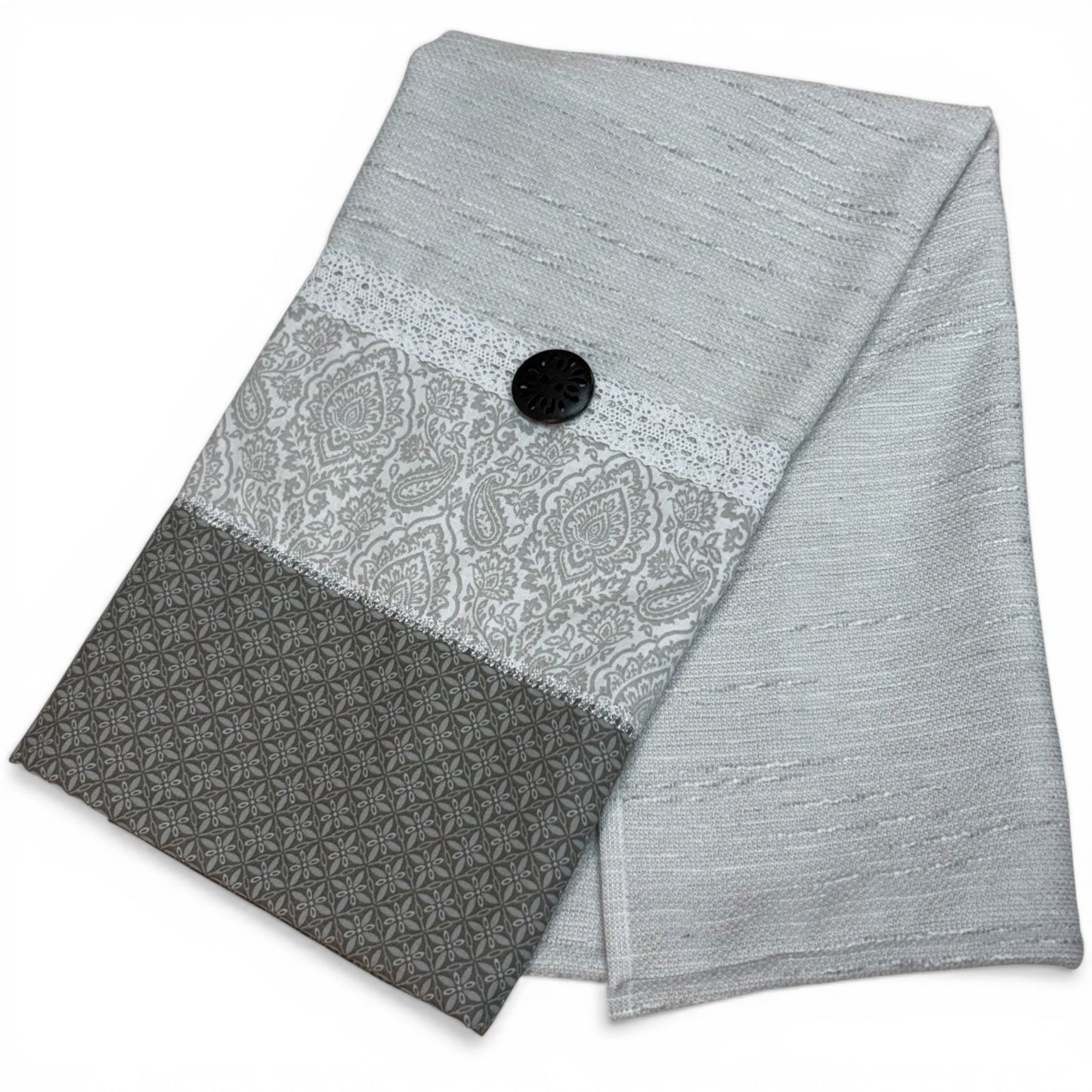 Light Grey Farmhouse Dish Towel with Cotton Trim and Wood Button