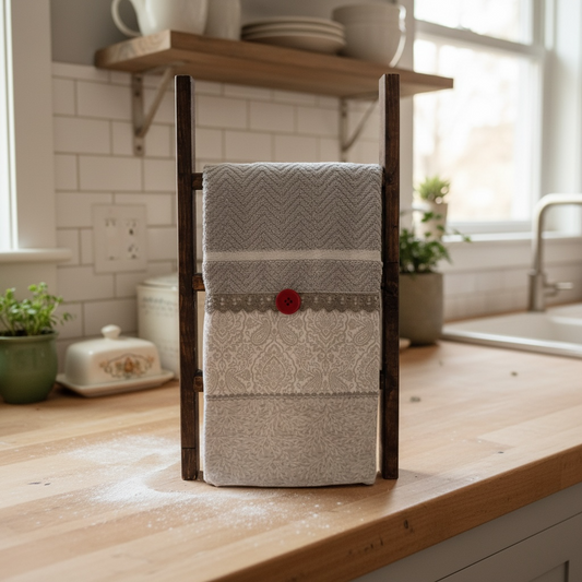 Grey Farmhouse Dish Towel with Red Button Accent