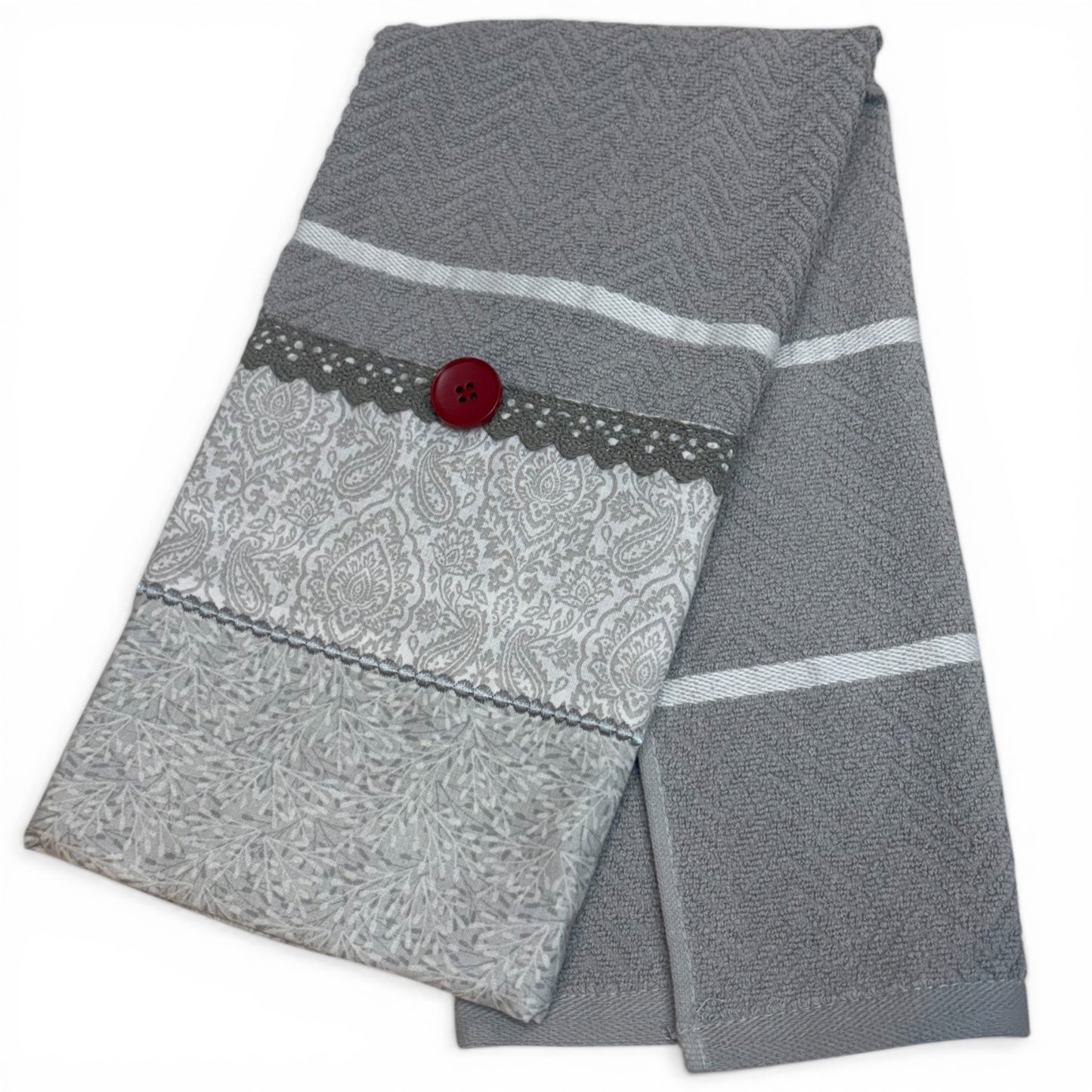 Grey Farmhouse Dish Towel with Red Button Accent