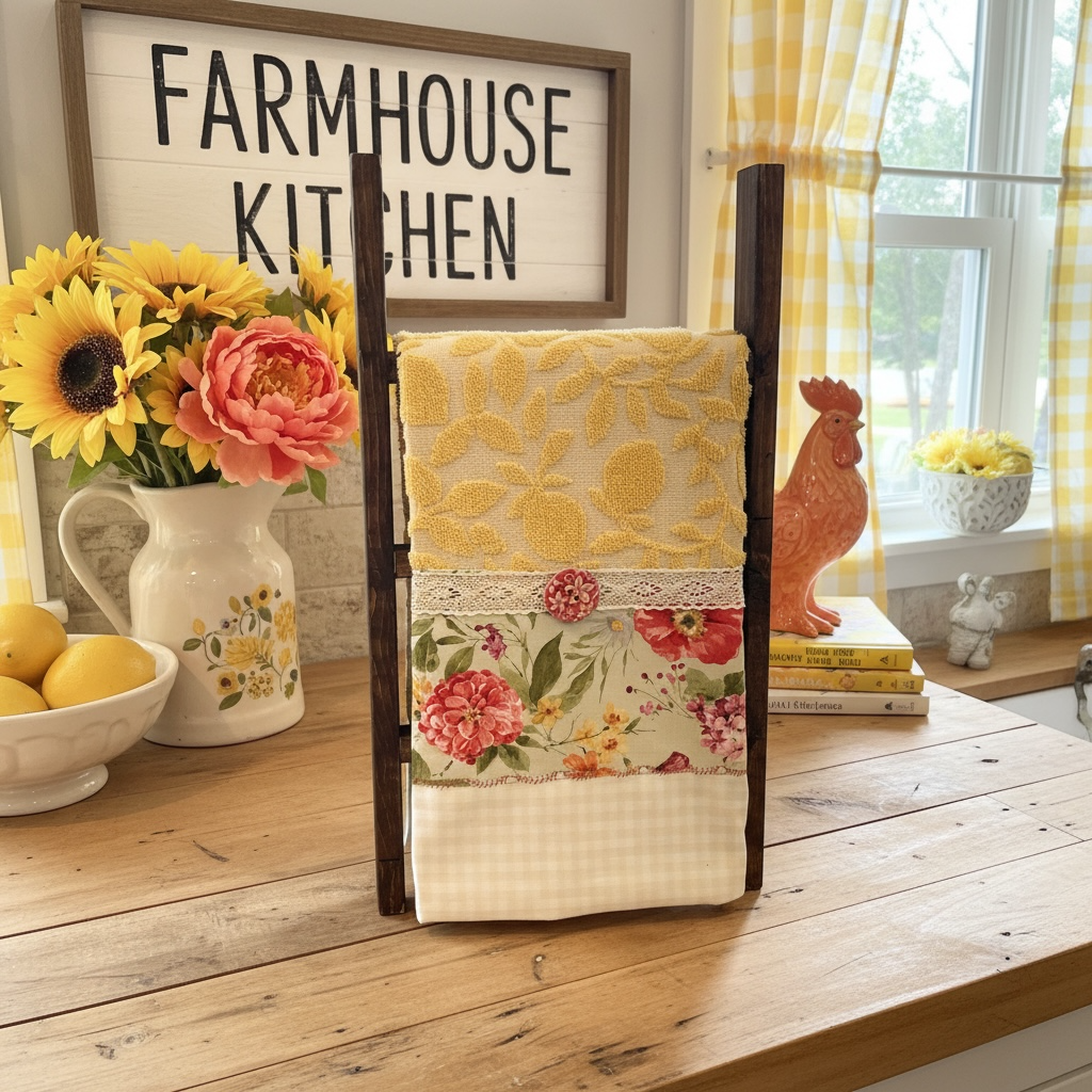 Yellow and Coral Floral Farmhouse Tea Towel with Lace Trim and Wood Button