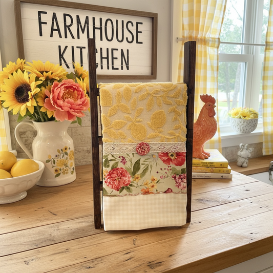Yellow and Coral Floral Farmhouse Tea Towel with Lace Trim and Wood Button